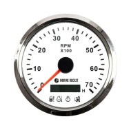 Тахометр 0-7000 об/мин с аварийной сигнализацией делитель 1-10, белый циферблат, нержавеющий ободок, Marine Rocket Тахометр 0-7000 об/мин с аварийной сигнализацией делитель 1-10, белый циферблат, нержавеющий ободок, Marine Rocket